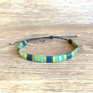 Miyuki tila beads bracelet in teal aqua and gold, adjustable beaded wax cord jewelry, dainty boho gift under 20