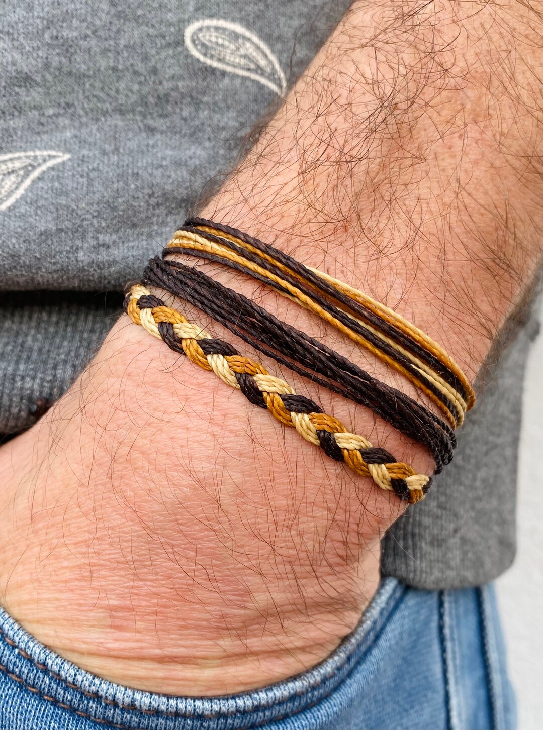 Mens Surfer Bracelets Stack Brown Waterproof Beach Bracelet Set Casual