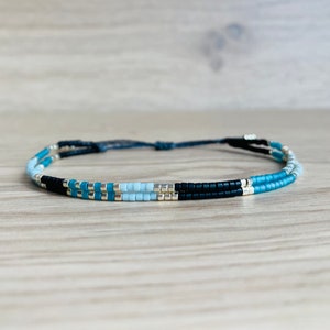 Minimalist bracelet with miyuki beads || blue black and silver dainty beaded wax cord jewelry || double || gift for girlfriend or mother