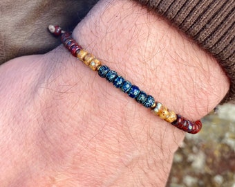 Mens beaded bracelet with large seed beads in blue, brown and red || adjustable jewelry || glass beads || boho hippie father's day gift