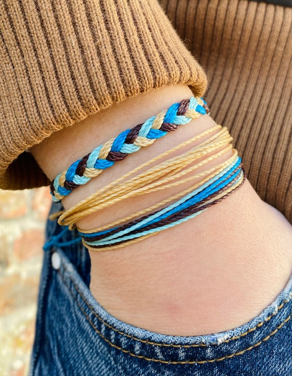 Waterproof Surfer Bracelet Set for Him Braided Aqua Brown