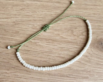 1 white seed beads bracelet or anklet || waterproof adjustable stackable beaded jewelry || waxed cord summer gift for men or women