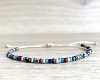 1 beaded bracelet with blue and silver seed beads || waterproof adjustable stacking anklet jewelry || waxed cord summer gift for women