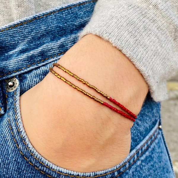 Dainty bracelet with miyuki beads || bronze and deep red minimalist beaded boho jewelry || double strand stacking gift under 15 for her