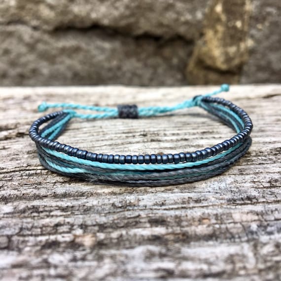 Beaded String Bracelet in Blue and Black Waterproof Wax Cord