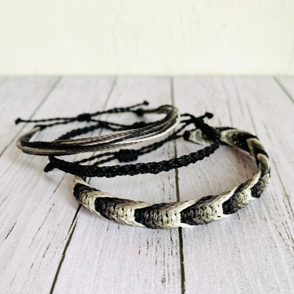 Black macrame bracelet set for men|| waterproof adjustable unisex black bracelet stack for him || gift for surfer and teenage boy under 20