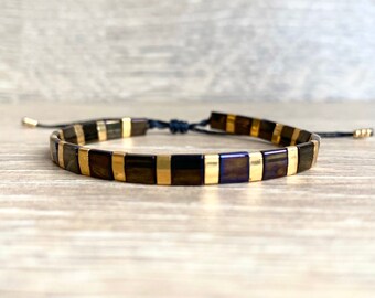 Miyuki tila beads bracelet in dark cobalt and gold, adjustable beaded wax cord jewelry, dainty boho gift under 20