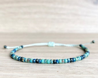 Bracelet en perles de rocailles boho ajustable || bijou bohème en cordon ciré bleu et turquoise || bracelet de cheville || cadeau pour femme