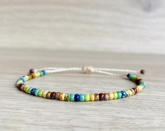 1 rainbow boho seed beads bracelet or anklet || waterproof adjustable stacking beaded jewelry || waxed cord summer gift for women