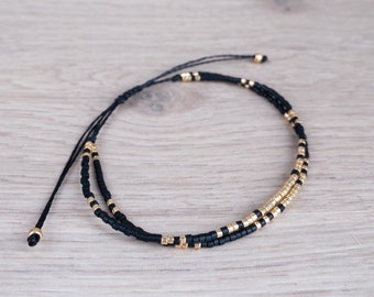 Minimalist bracelet with miyuki beads, black and gold dainty beaded wax cord jewelry, double strand, gift for girlfriend or mother