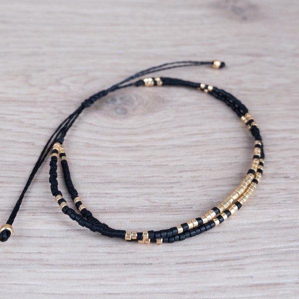 Bracelet double avec perles miyuki noires et dorées, bijou minimaliste en cordon ciré et delicas, cadeau petite amie ou maman