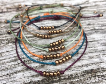 Dainty beaded string bracelet or anklet with bronze beads, adjustable minimalist jewelry, choose your own color stackable bracelet or anklet