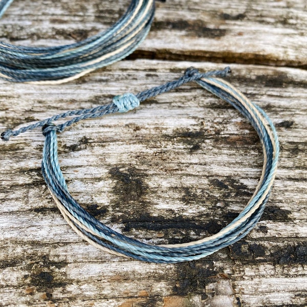 Waterproof string bracelet fro him || blue and grey anklet || adjustable waxed cord surfer anklet || unisex summer gift for men and women