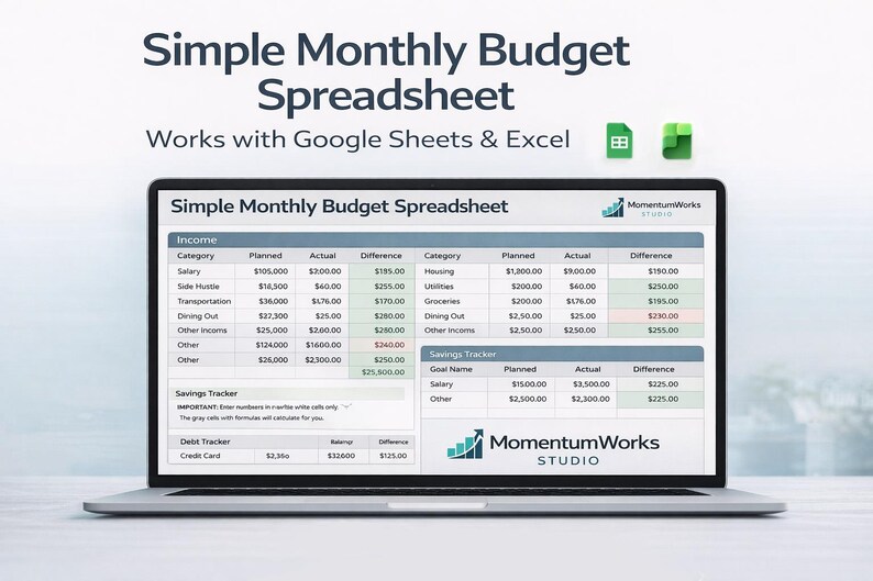 Simple Monthly Budget Spreadsheet | Google Sheets & Excel Template ...