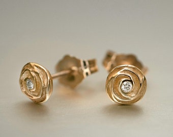 Small stud diamond floral earrings rose flower gold post earring gift for her