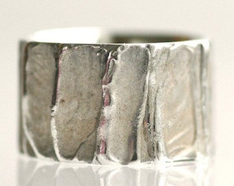 Rustic Sterling Silver Wedding Ring, Sculptured Men's Wedding Band, Sterling Silver, Handcrafted, Boho, Natural, Tree Bark