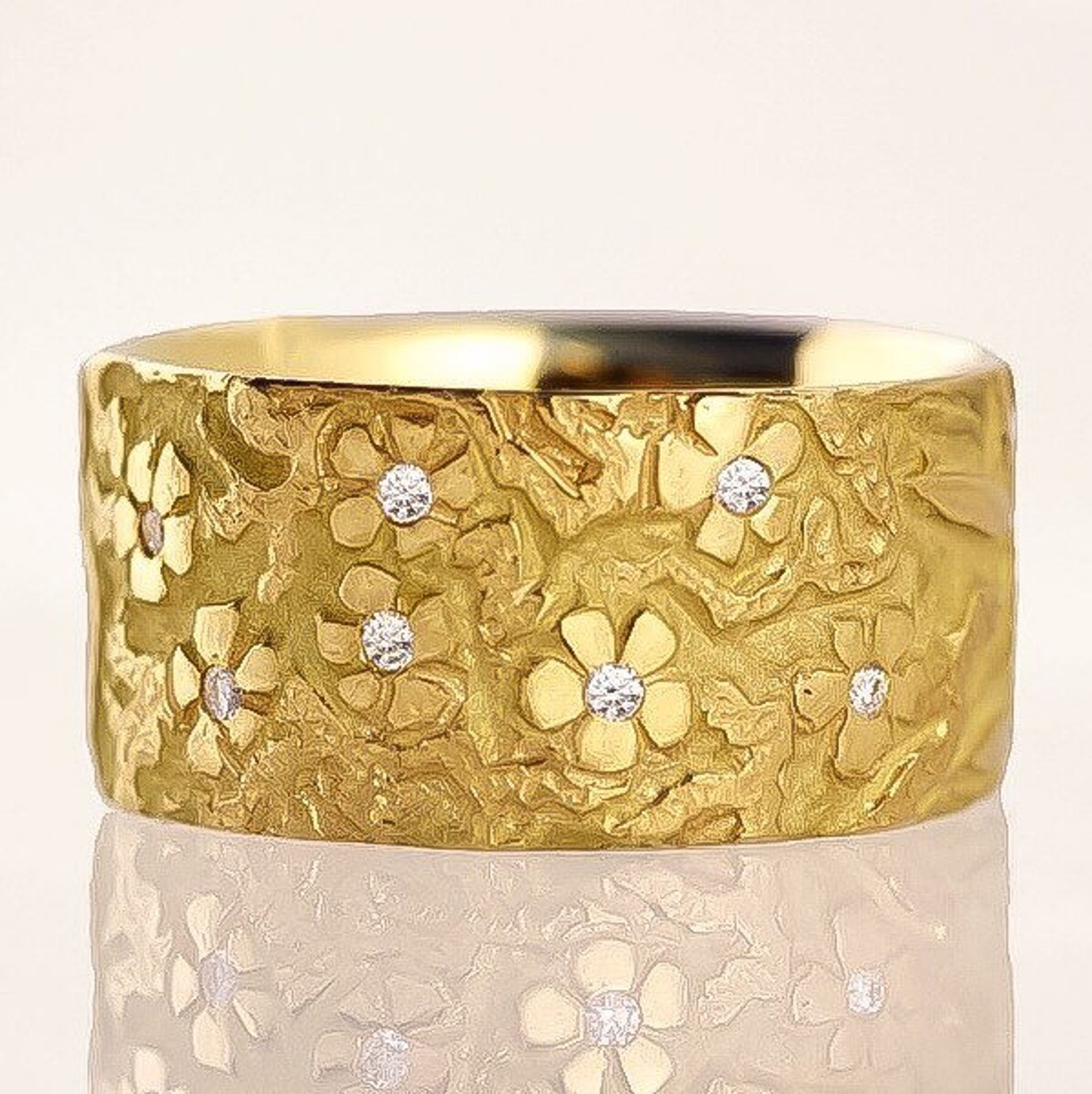 Cherry Blossom Ring, Wide Floral Diamond Band, 14K Yellow Gold, Hand