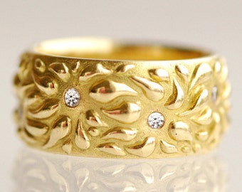 Ornamental gold band, paisley gold diamond ring, wide eternity band, heavy gold ring, flush set diamond ring