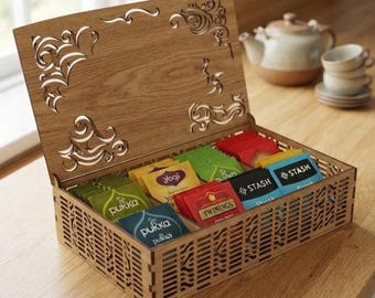 Caja organizadora de bolsitas de té SVG, organizador de té con bisagras cortado con láser, archivo de almacenamiento de cocina CNC