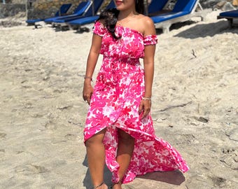 Hand-Printed Viscose Maxi Dress • Off-Shoulder Ruffled Boho Summer Dress Shell Buttons