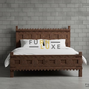 Hand Carved Indian Bed Frame, Solid Wood Boho Platform Bed