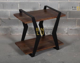 Solid Wood & Black Metal End Table, Two Tier Bedside Table, Unique Accent Table, Rustic Loft Furniture, Housewarming Gift, Bedroom Furniture