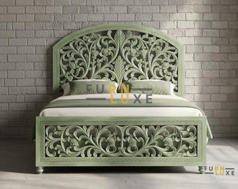 Hand Carved Wooden Bed Frame, Distressed Green, Bohemian Farmhouse