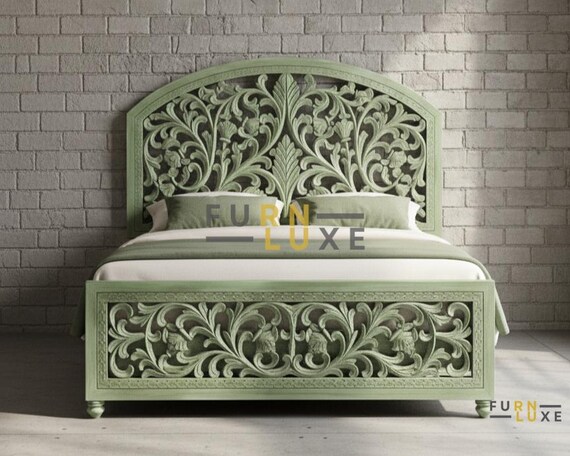 Hand Carved Wooden Bed Frame, Distressed Green, Bohemian Farmhouse