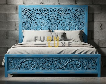 Hand Carved Wooden Bed, Distressed Blue Boho Platform Bed Frame