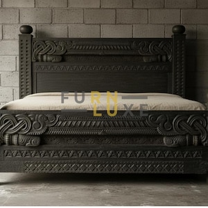 Hand Carved Black Solid Wood Bed Frame, Indian Style, Boho Farmhouse