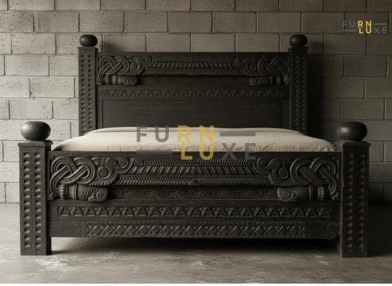 Hand Carved Black Solid Wood Bed Frame, Indian Style, Boho Farmhouse