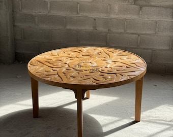 Hand Carved Mandala Coffee Table, Solid Mango Wood Indian Artisan Furniture