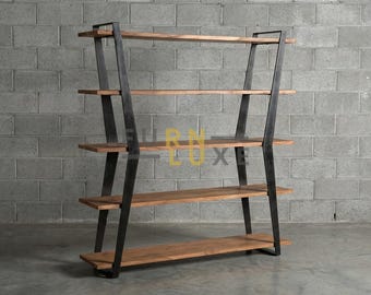 Industrial Wood & Iron Bookshelf, 5 Tier Modern Bookcase, Rustic Solid Wood Display Rack, Geometric Metal Shelving Unit, Home Office Storage
