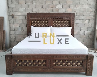 Hand Carved Indian Bed Frame – Solid Wood Platform Bed with Brass Inlay