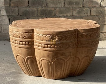 Hand-Carved Lotus Coffee Table, Round Mango Wood Center Table