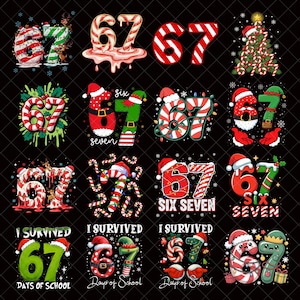 Puede incluir: Una colección de diseños digitales con temática navideña que presentan el número 67. Los diseños incluyen patrones de bastones de caramelo, gorros de Papá Noel y el texto "I Survived Days of School". Los números están en varios estilos y colores.