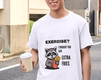 T-shirt grappige wasbeer oefening extra friet, T-shirt met foodiehumor