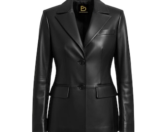 May include: A black leather blazer featuring a notched lapel, two front buttons, and two flap pockets at the waist. The jacket includes a single chest pocket and a gold logo on the inner neck label. The design has long sleeves and a tailored fit.