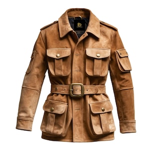 Chaqueta safari de ante para hombre: con cinturón, múltiples bolsillos y detalle de charreteras – Estilo urbano para exteriores.