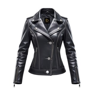 May include: A black leather jacket featuring a wide notched collar, silver-toned snap buttons, and an asymmetrical front closure. The garment includes two zippered side pockets, zippered sleeve cuffs, and white contrast stitching throughout the design.