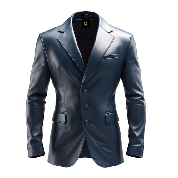 Navy Blue Lambskin Leather Blazer Jacket – Three Button Tailored