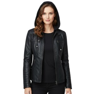Black Sheepskin Leather Moto Jacket: Women's Slim Fit, Detachable Hood