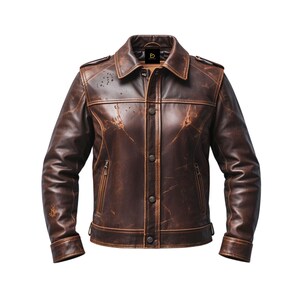 Chaqueta vaquera de cuero marrón envejecido para hombre, estilo camionero, acabado vintage, estilo robusto y atemporal, versátil para el día a día.