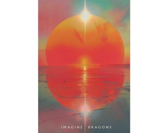 May include: A vibrant art print featuring a large orange orb, possibly a sun or planet, reflected in a body of water. The artwork has a surreal, dreamlike quality with a bright, glowing light. The words "IMAGINE DRAGONS" are printed at the bottom.