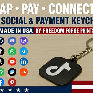 Puede incluir: Llavero NFC negro para redes sociales y pagos con el logotipo blanco de TikTok. El llavero está sujeto a un llavero plateado. La imagen incluye el texto "TAP • PAY • CONNECT" y "NFC SOCIAL & PAYMENT KEYCHAINS".