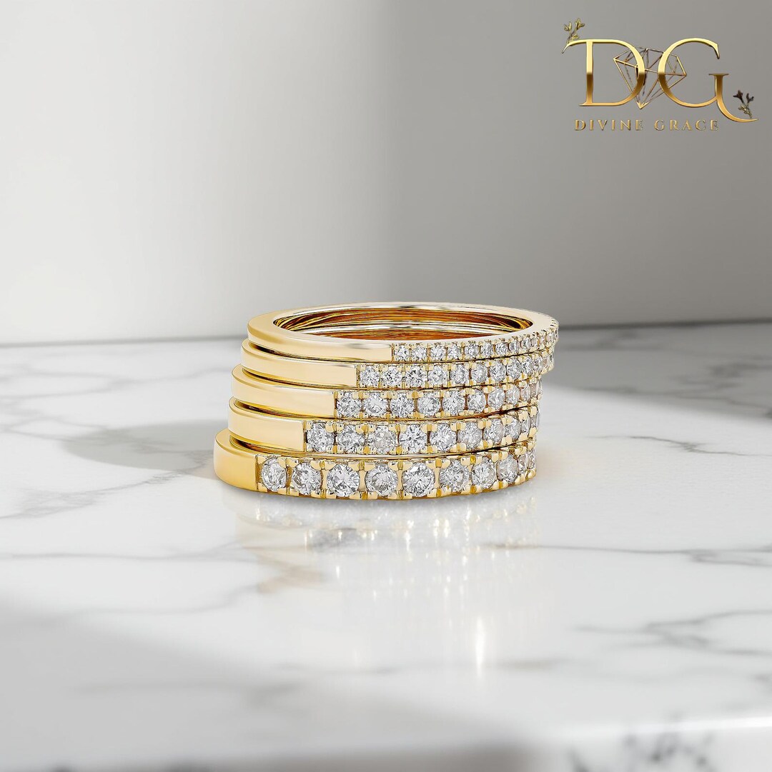 Diamond Half Eternity Band | Solid Gold Stacking Ring 10K 14K 18K | Lab ...