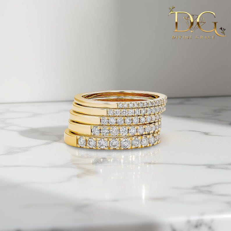 Diamond Half Eternity Band | Solid Gold Stacking Ring 10K 14K 18K | Lab ...