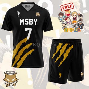 May include: Black volleyball jersey and shorts set with gold claw marks. The jersey has the text "MSBY" and the number "7" in white. Includes a "FREE" sticker sheet with cartoon characters.