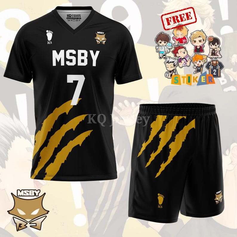 May include: Black volleyball jersey and shorts set with gold claw marks. The jersey has the text "MSBY" and the number "7" in white. Includes a "FREE" sticker sheet with cartoon characters.