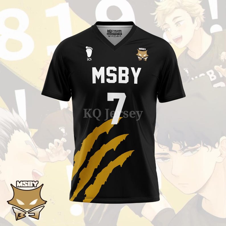 May include: Black v-neck jersey with the text "MSBY" and the number "7" in white. The jersey has a gold claw mark design on the side and the text "KQ Jersey" at the bottom. The jersey also features a logo with a fox.